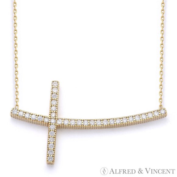 Curved Sideways CZ Crystal Cross & Chain Necklace in .925 Sterling Silver YGold - Picture 1 of 1